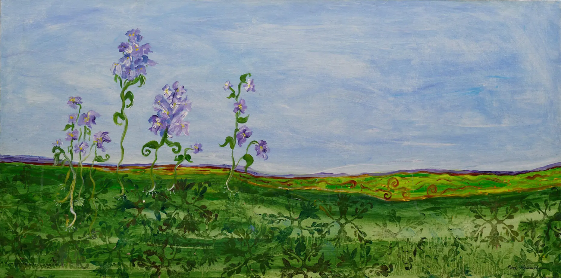 A painting of beautiful sky and Flowers